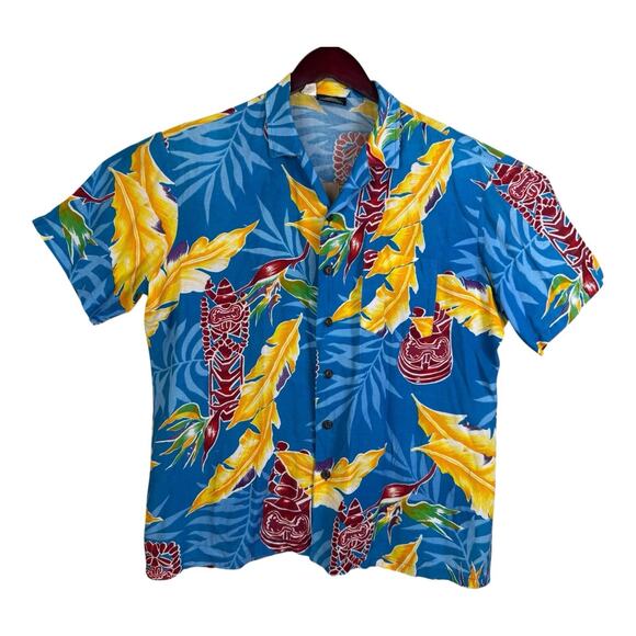VINTAGE Kennington Hawaiian Shirt Mens Large Blue Palm Floral Button Up Camp - Picture 1 of 10
